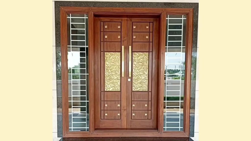 Wooden Door Design With 2 Glass Sections :