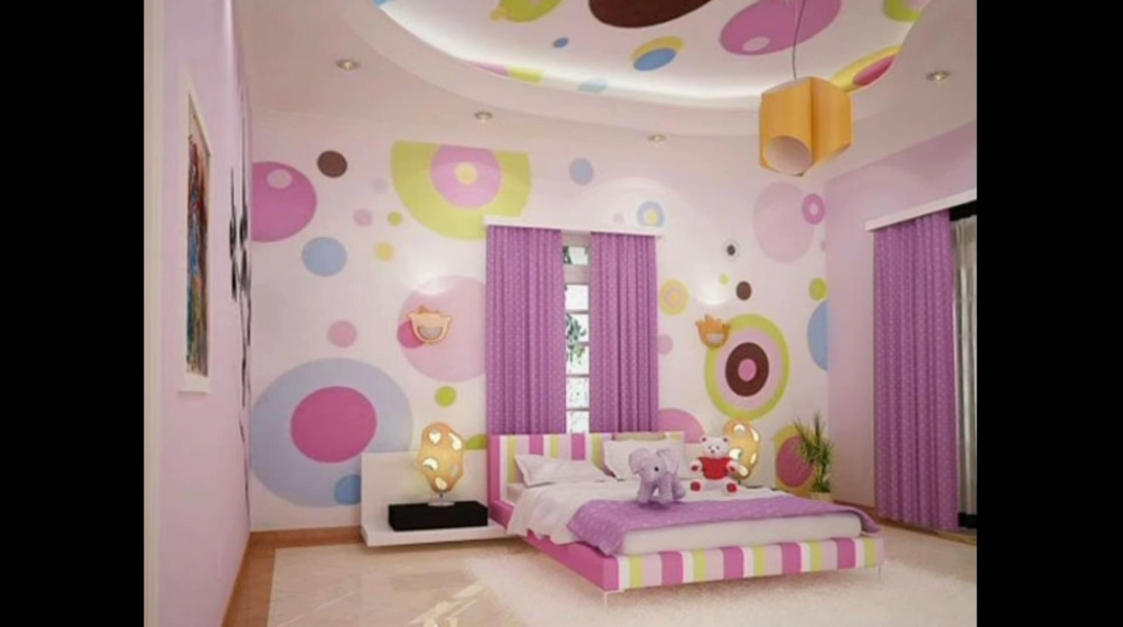 Light pink with purple and multicolor design for kids' bedroom walls