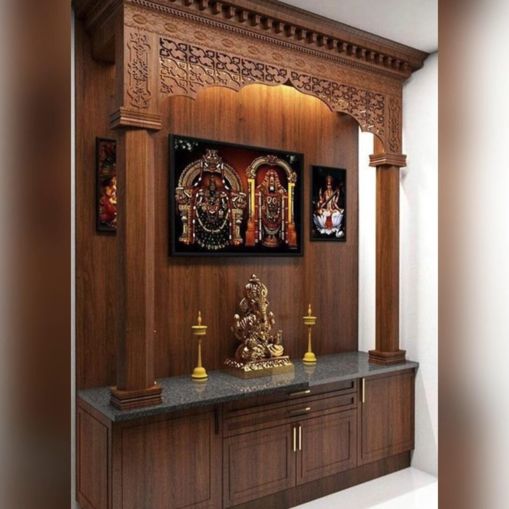 A close-up image showcasing the natural wood grain and intricate carvings of a high-quality plywood mandir.