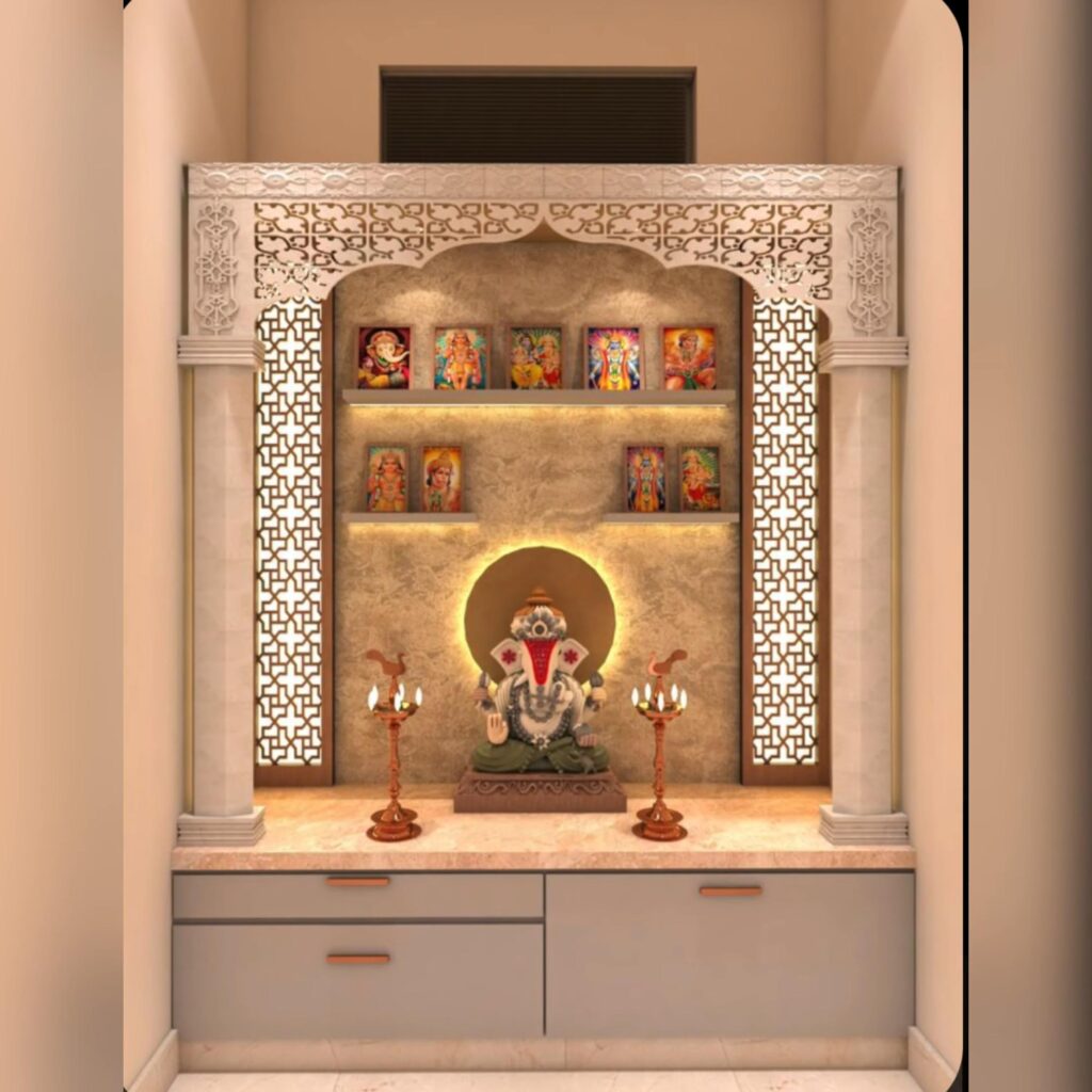  An image showcasing a contemporary plywood mandir design with clean lines and sleek geometric shapes.