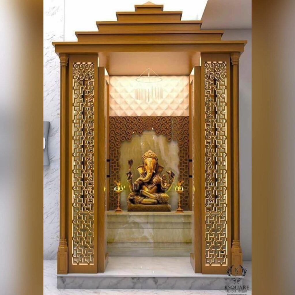 An image depicting a plywood mandir with personalized engravings or family heirlooms incorporated into the design.