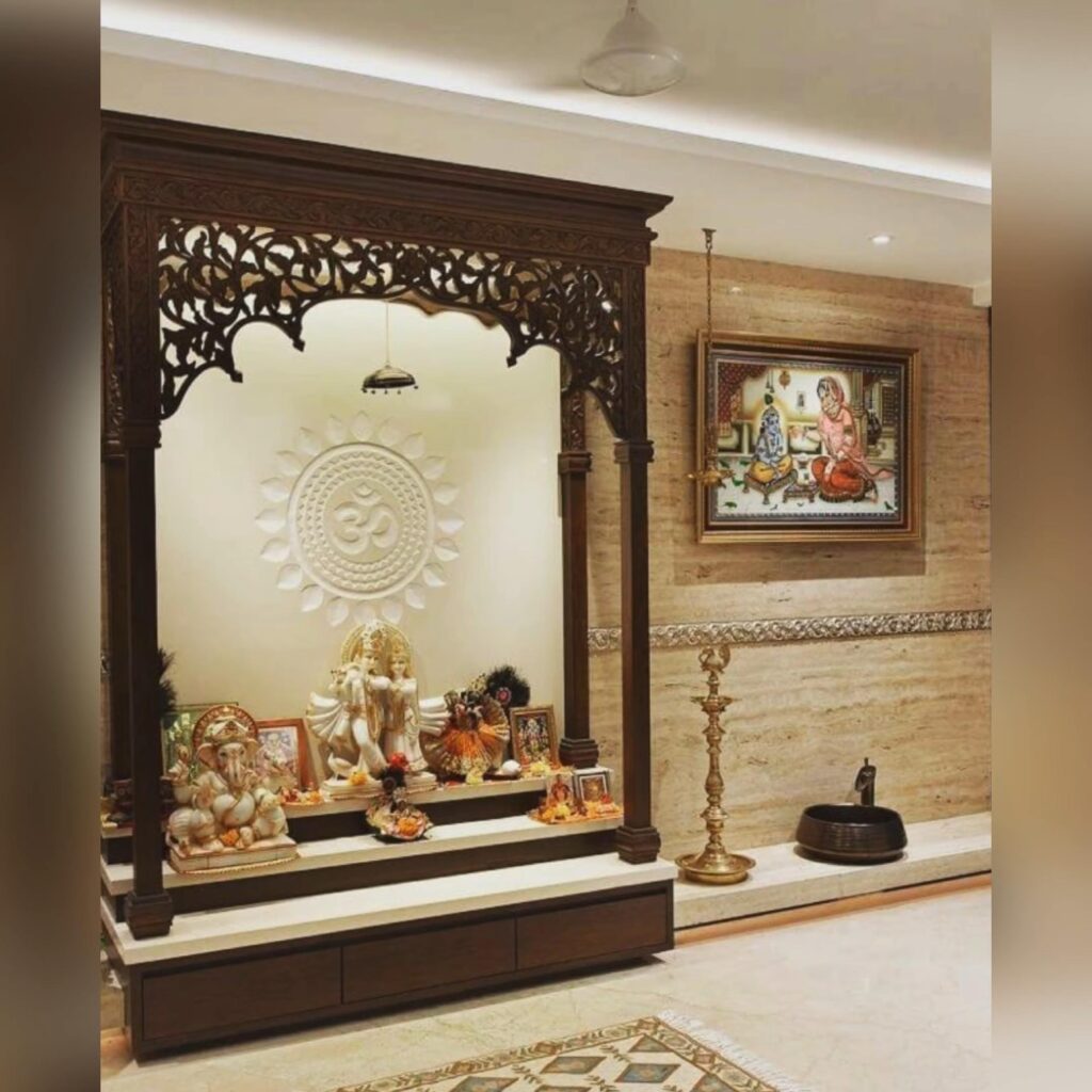 An image depicting a plywood mandir with personalized engravings or family heirlooms incorporated into the design.