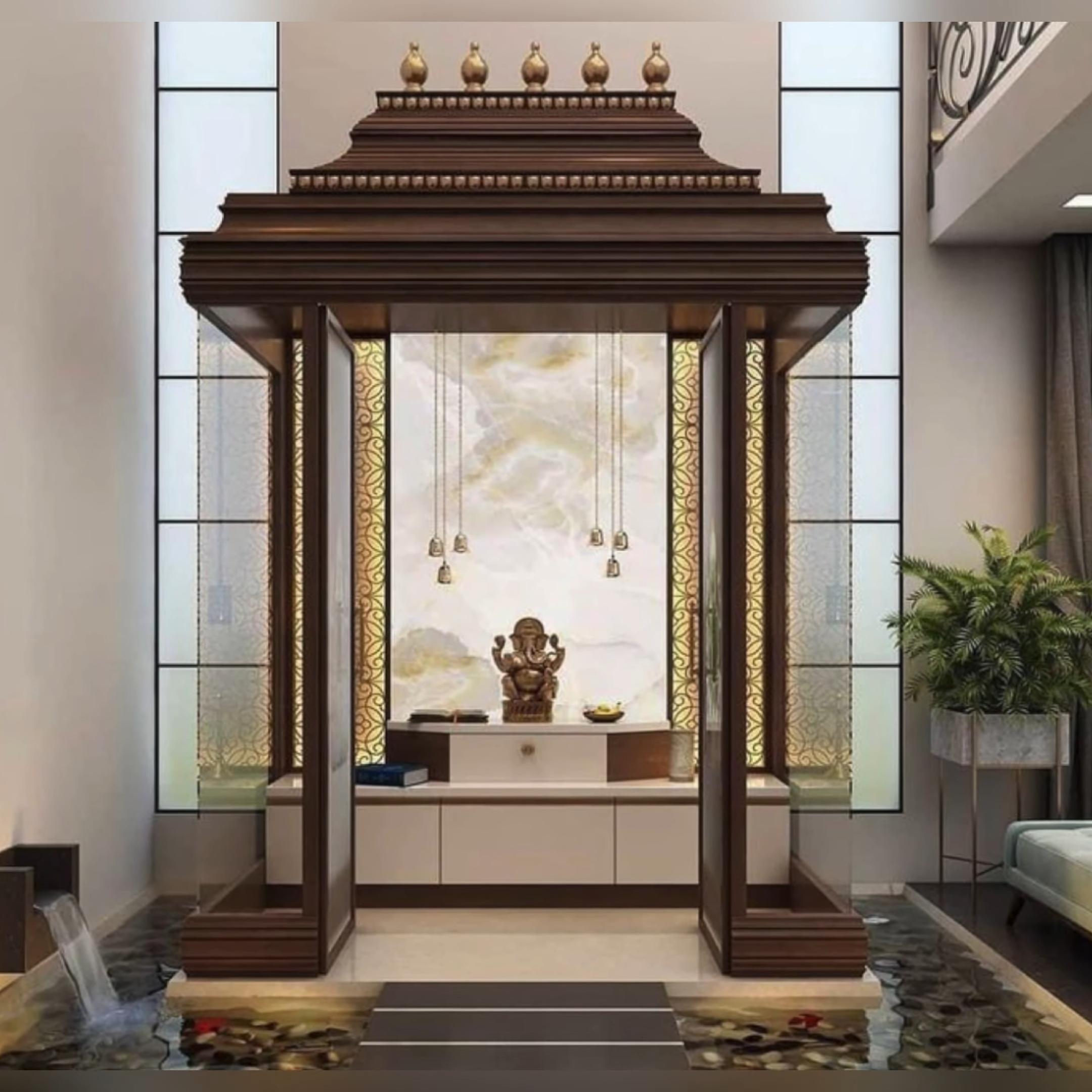 A photorealistic image of a beautifully crafted plywood mandir. The mandir should be adorned with intricate carvings and have a warm, inviting glow emanating from within.